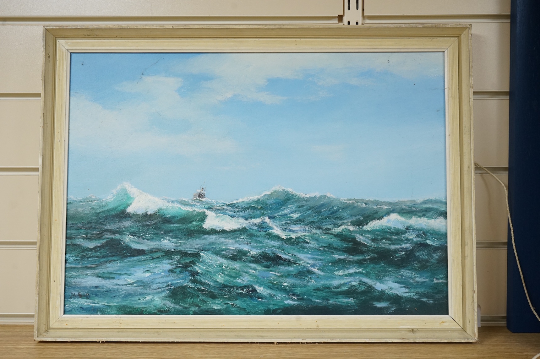Two oils comprising John Hewitt (1922-2006), Choppy seascape and Naïve English school, study of a steamship, 30 x 46cm